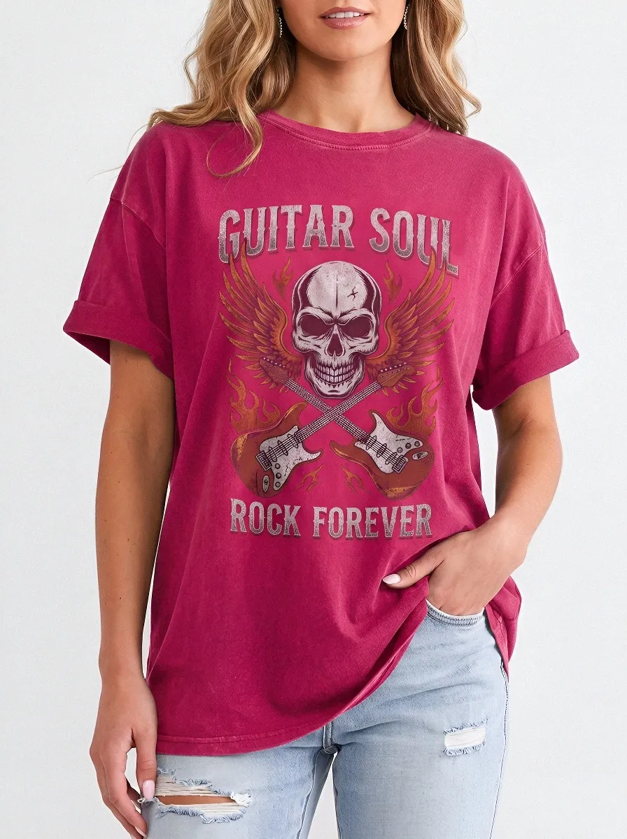 Women's Rock Music Lover Skull Guitar Wings Printed T-shirt
