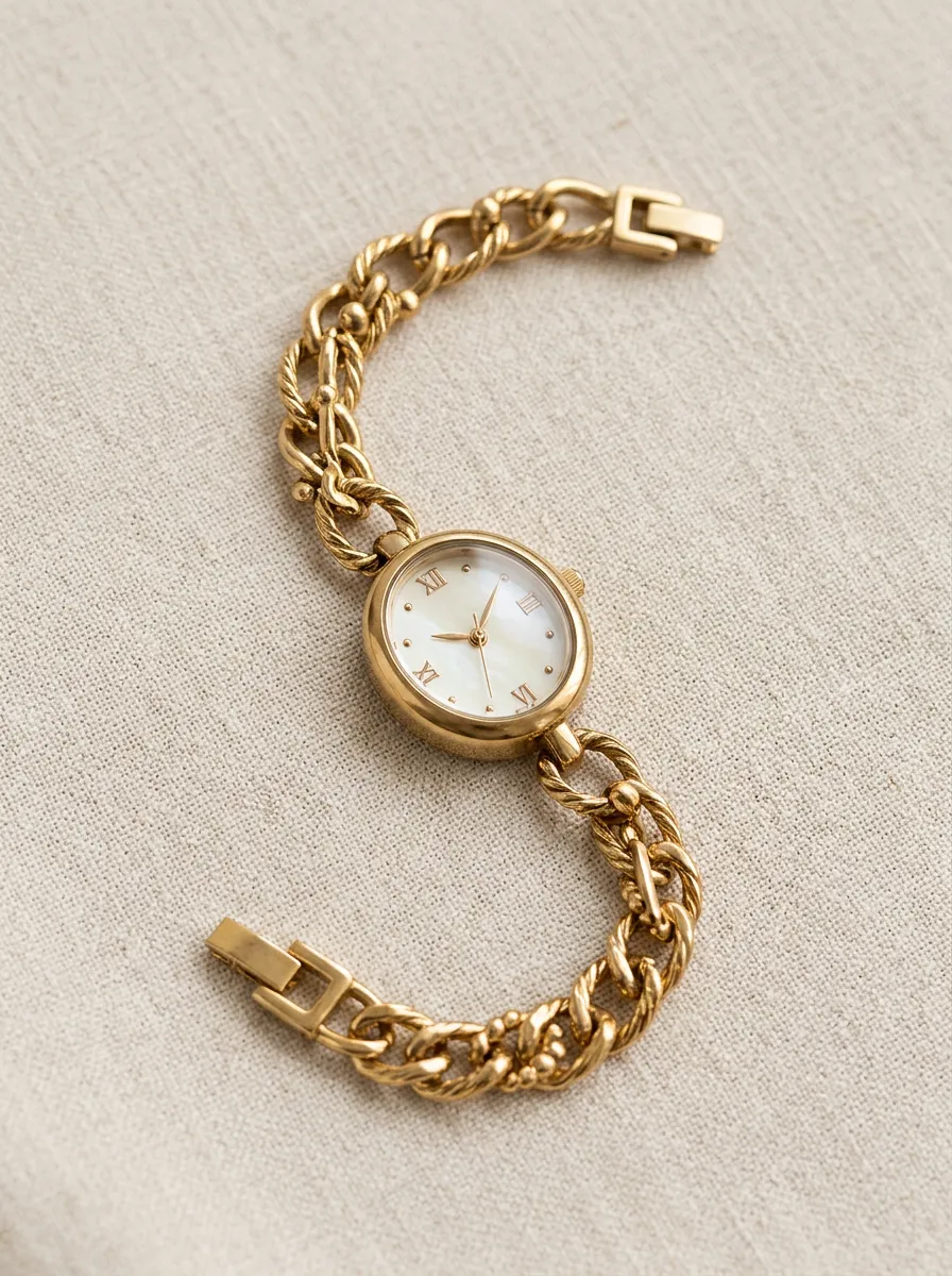 Gold-tone Oval Dial Chain Link Watch