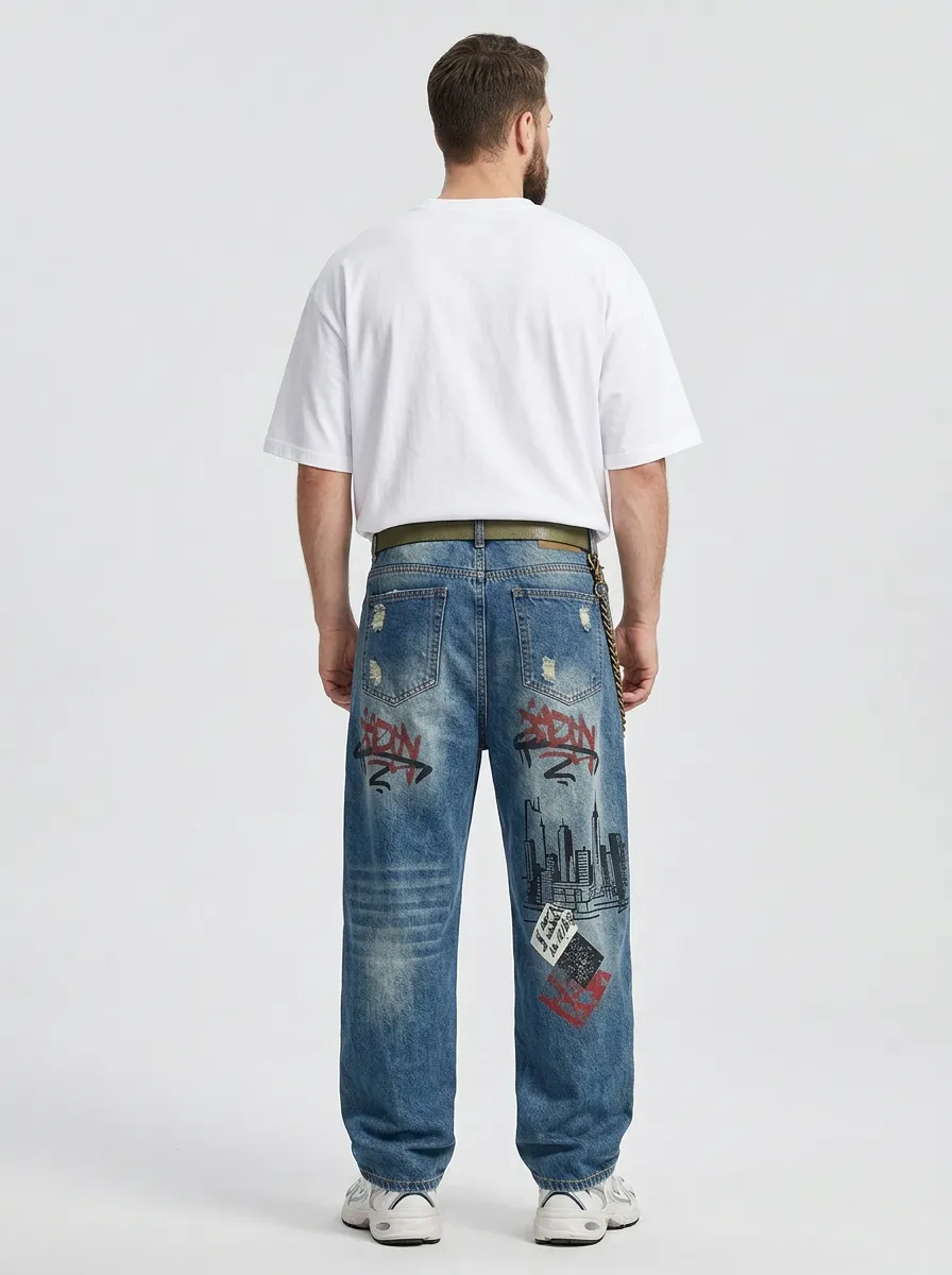 Unisex Skate-Inspired Streetwear Graffiti Jeans