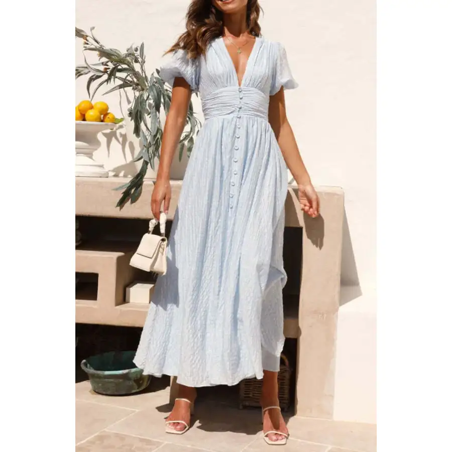 V-Neck Puff Short Sleeve Midi Dress