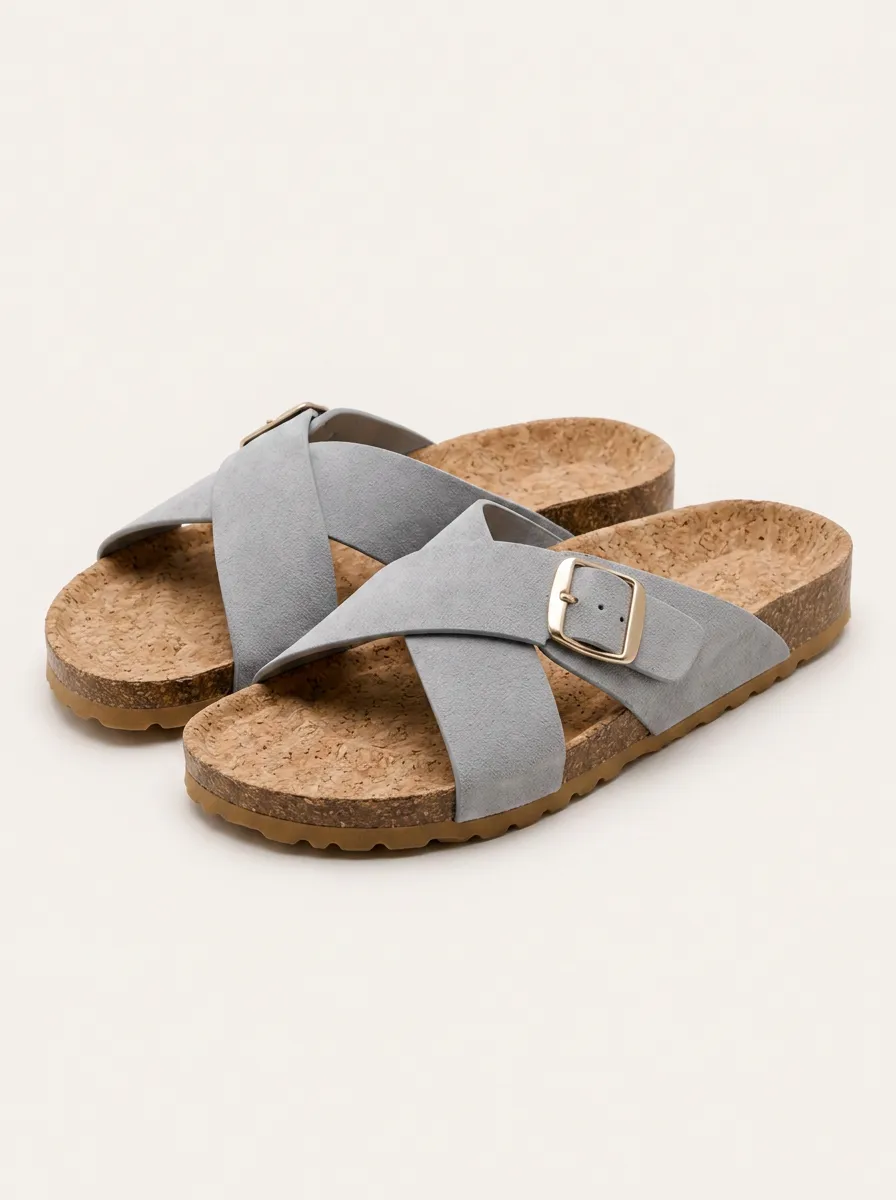 Women's Casual Summer Grey Cross-Strap Cork Footbed Sandals