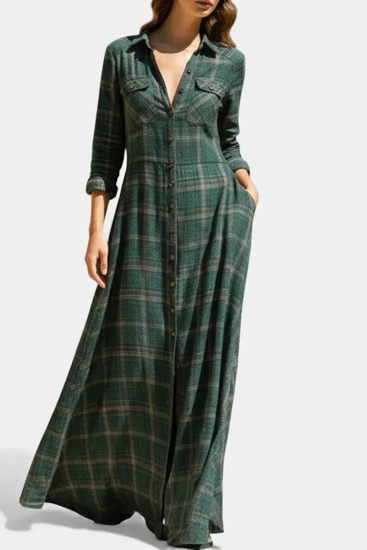 Shirt-Style Plaid Maxi Dress