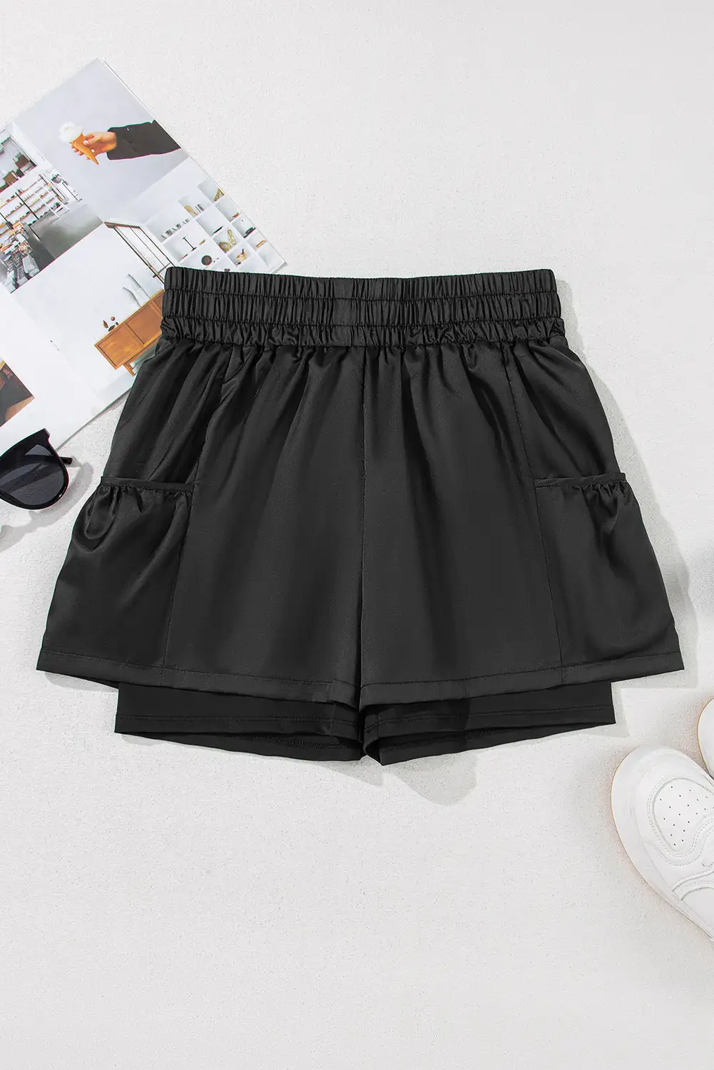 Elastic High Waist Pocketed Casual Shorts