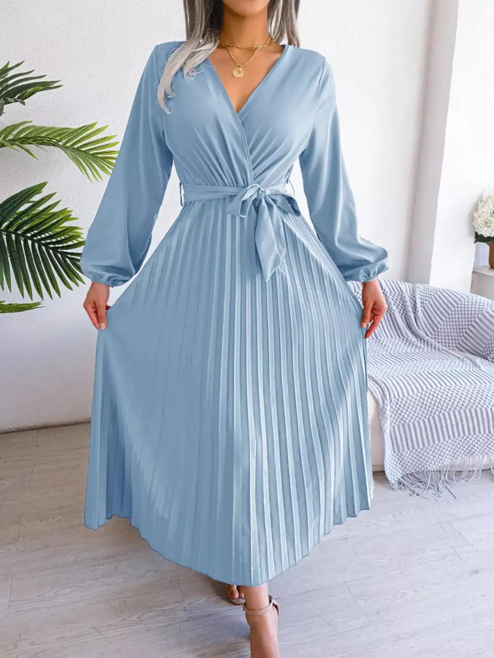 Pleated Long Sleeve Dress Casual