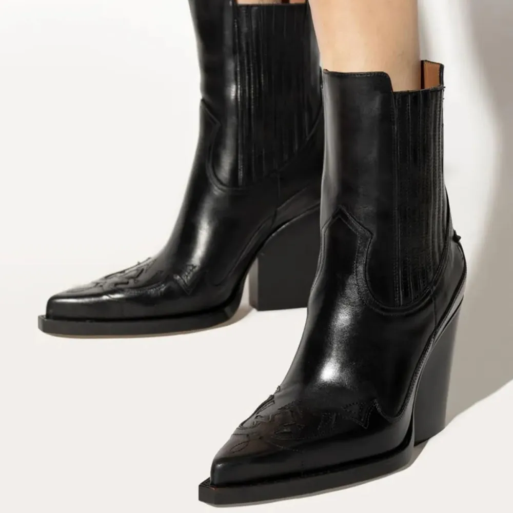 Faux-Leather Pull-On Pointed-Toe Block-Heel Ankle Boots