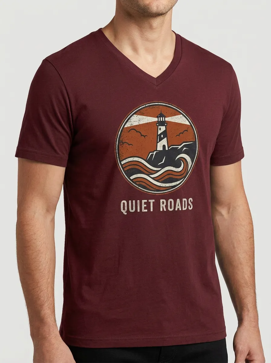 Men's Quiet Roads Lighthouse Ocean Printed V-Neck T-Shirt