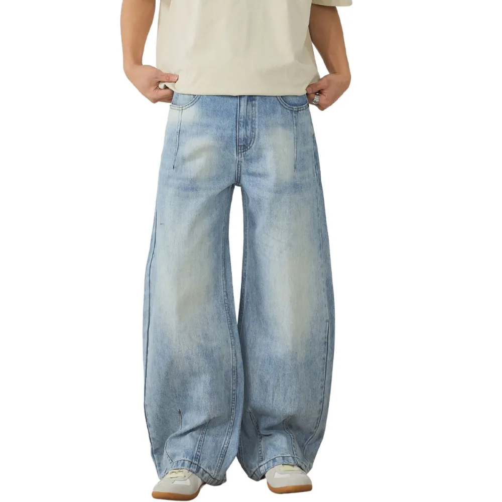 Barrel Leg Pleated Denim Jeans