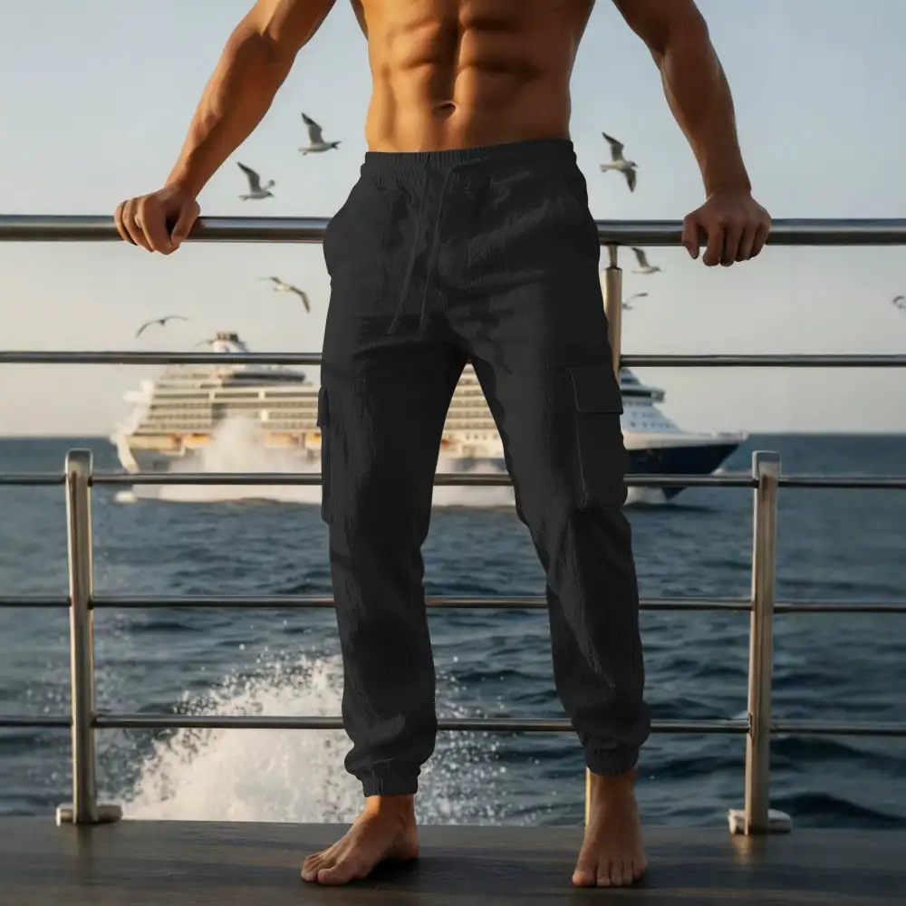 Men's Summer Linen Cargo Pants Waistband Pockets Cargo Pants