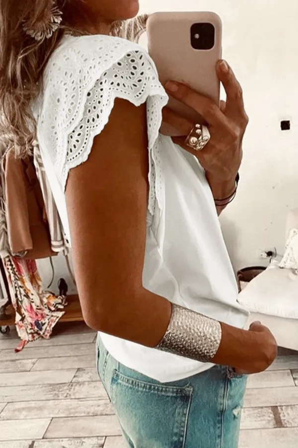 White Eyelet Embroidered Flutter Sleeve Tee