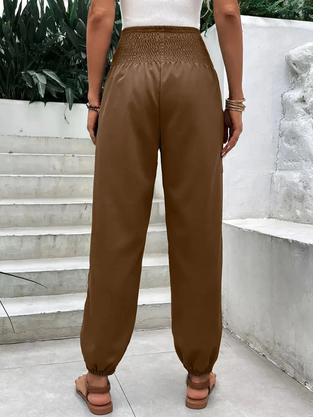 Jogger High Waist Smocked Waist Pocketed Pants