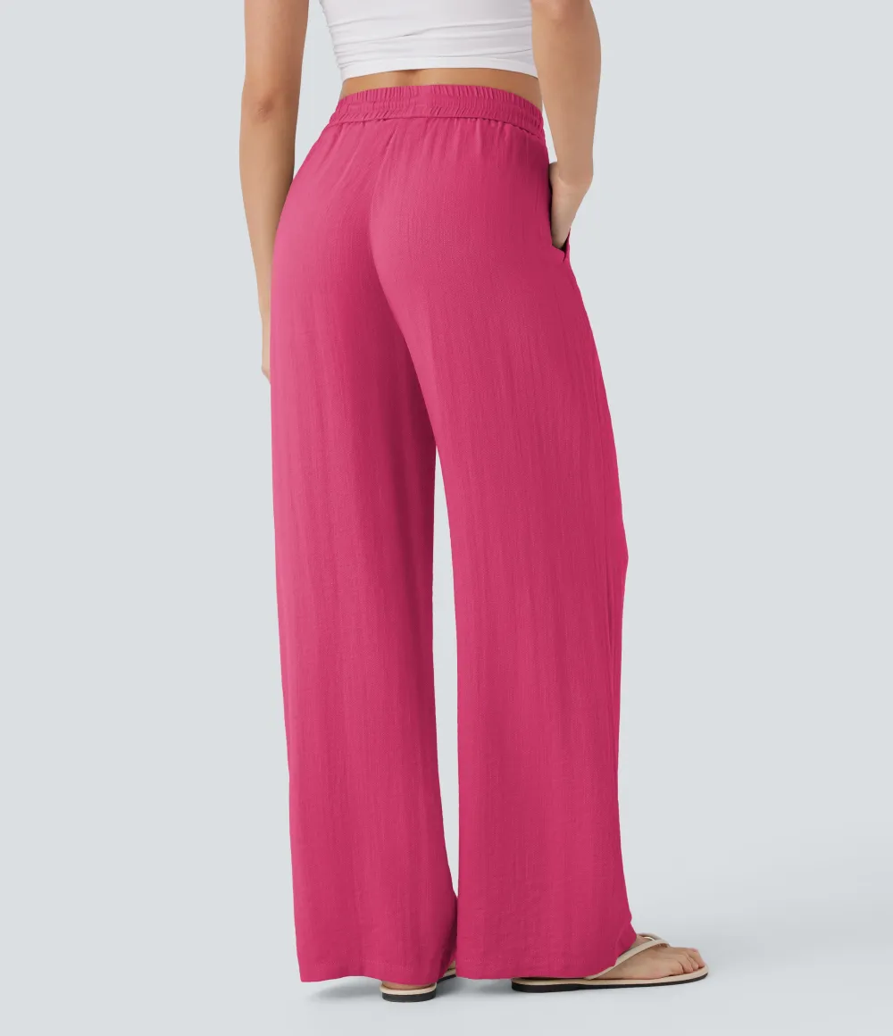 2026🔥  High Waisted Drawstring Pocket Wide Leg Casual Linen-Feel Pants