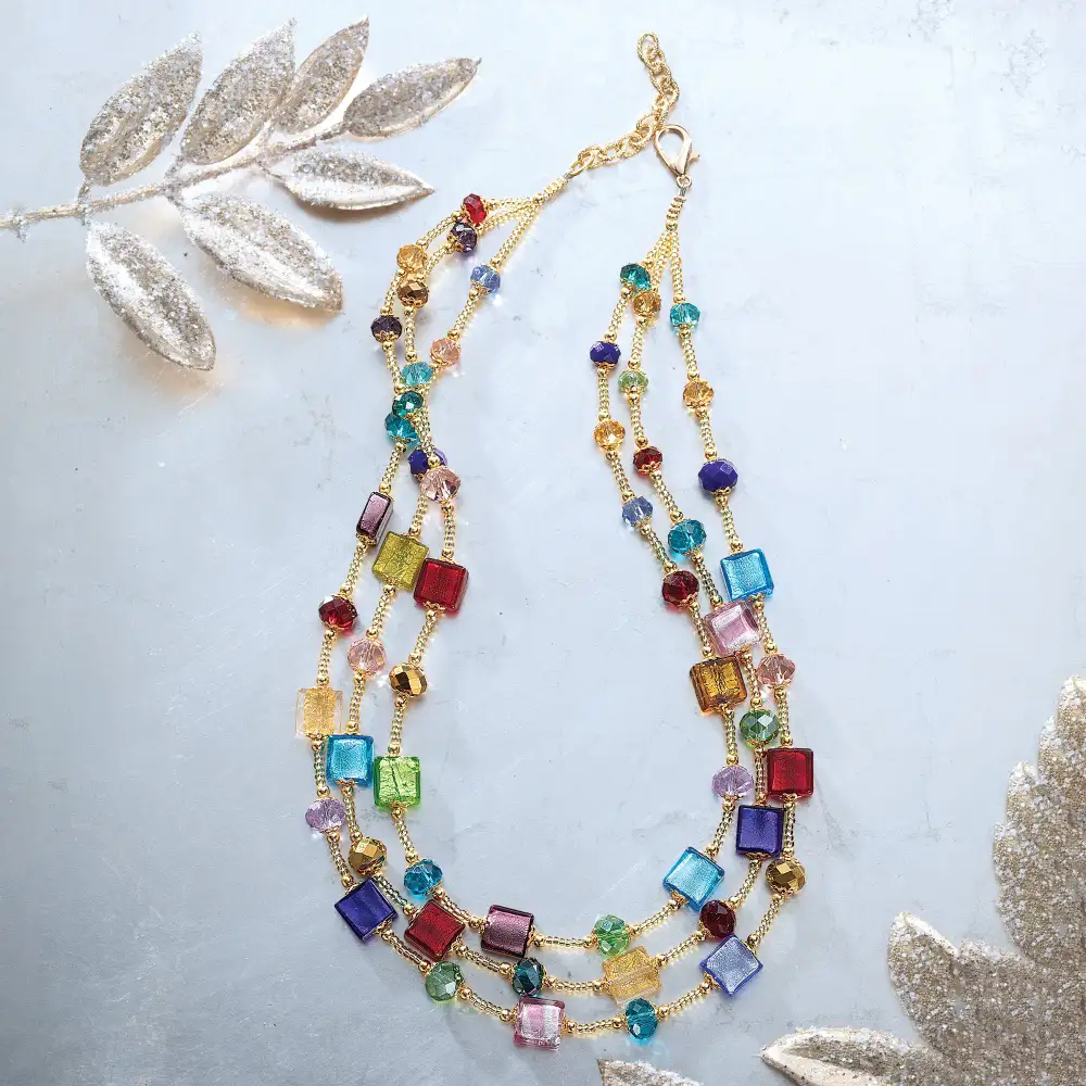 Glass Beaded Square Multi Strand Necklace