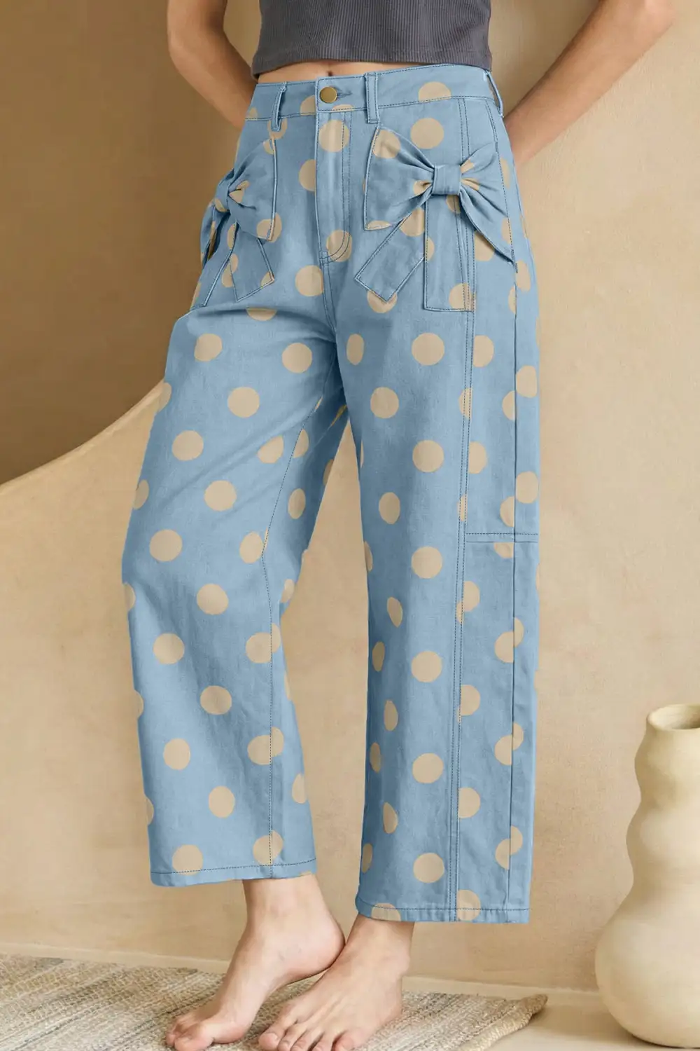 Polka Dot Relaxed Fit Pocketed Bow Detail Casual Jeans