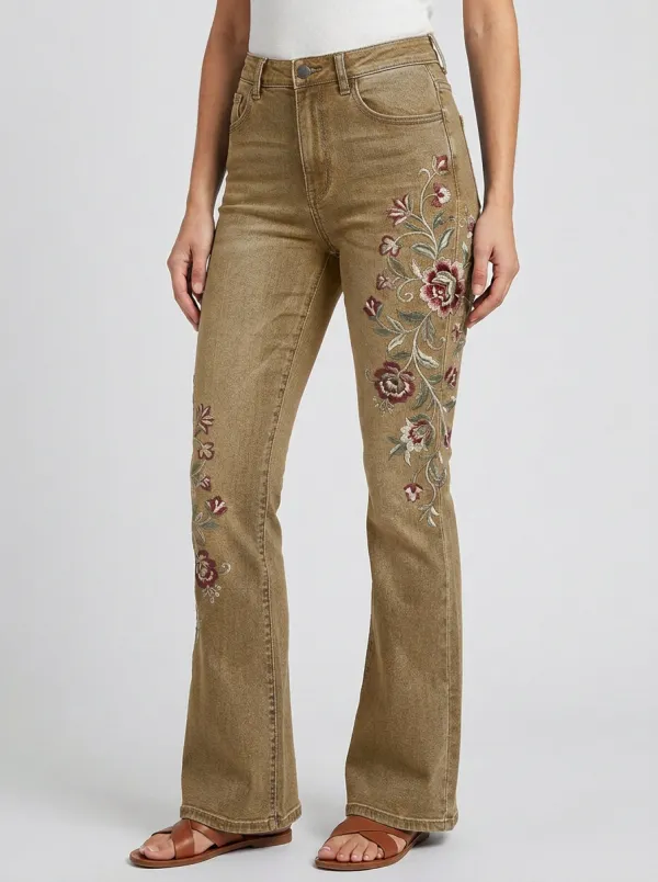 Women's Floral Embroidery High Waisted Embroidered Flare Jeans