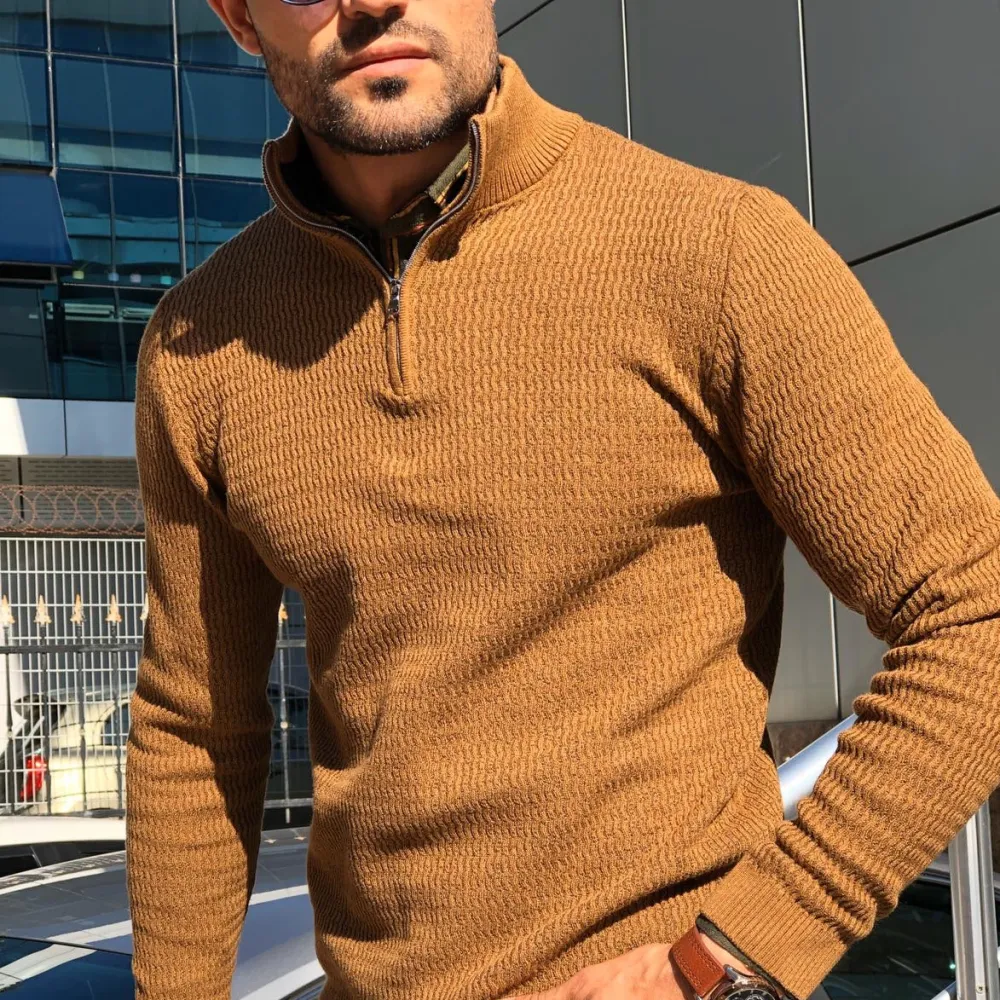 Refined Slim Fit Zip Detail Cotton Knit Sweater