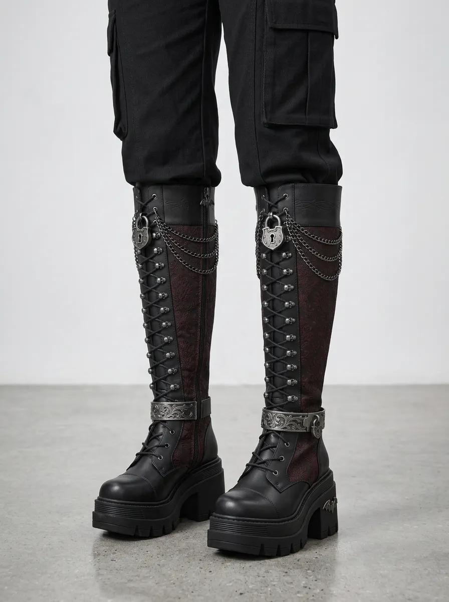 Modern Gothic Skull Damask Chain Punk Look Women's Gothic Platform Boots