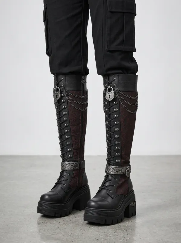 Modern Gothic Skull Damask Chain Punk Look Women's Gothic Platform Boots