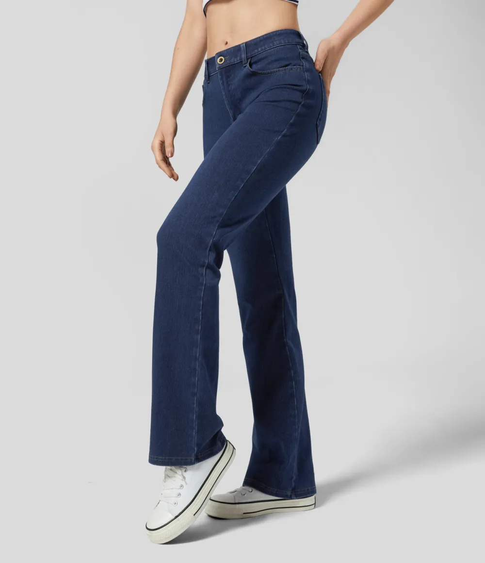 Magic Mid Rise Button Pockets Stretchy Knit Casual Bootcut Jeans