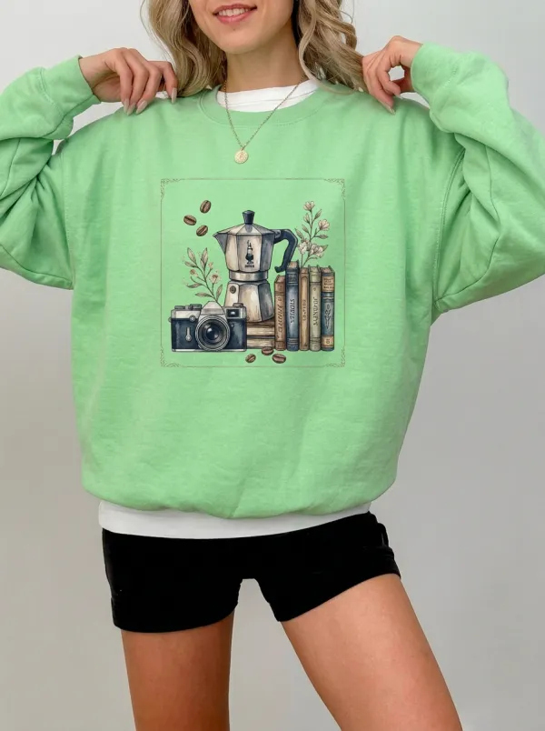 Women's Coffee Camera Books Printed Sweatshirt