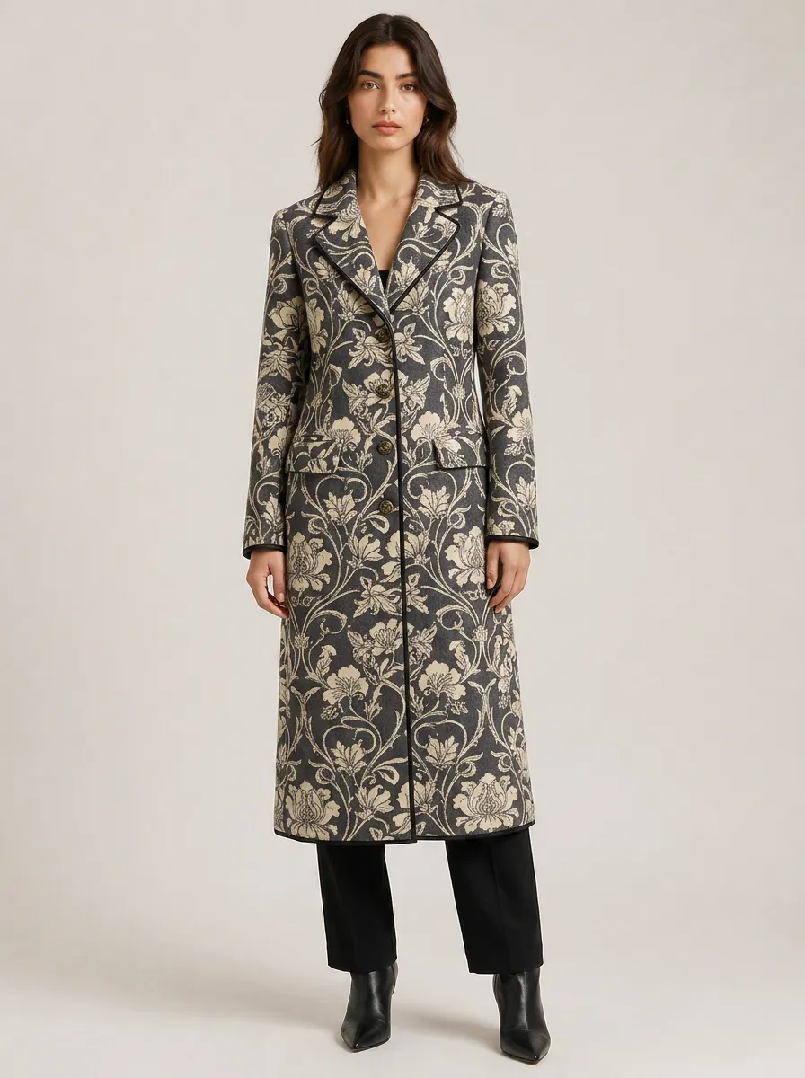 Women's Vintage Floral Pattern Jacquard Long Coat
