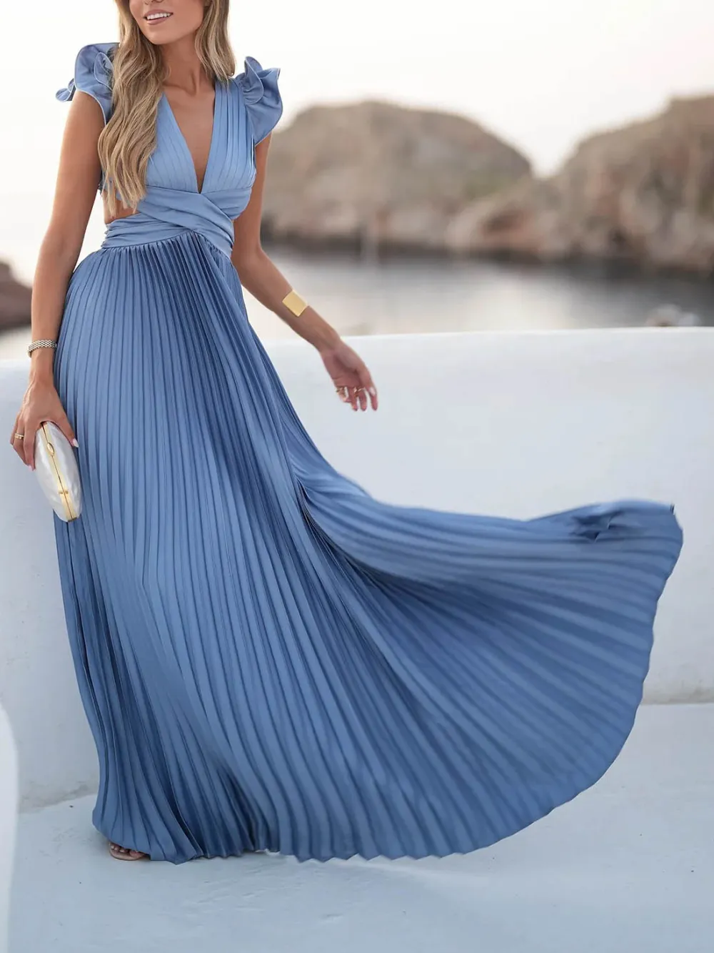 V Neck Open Back Maxi Dress