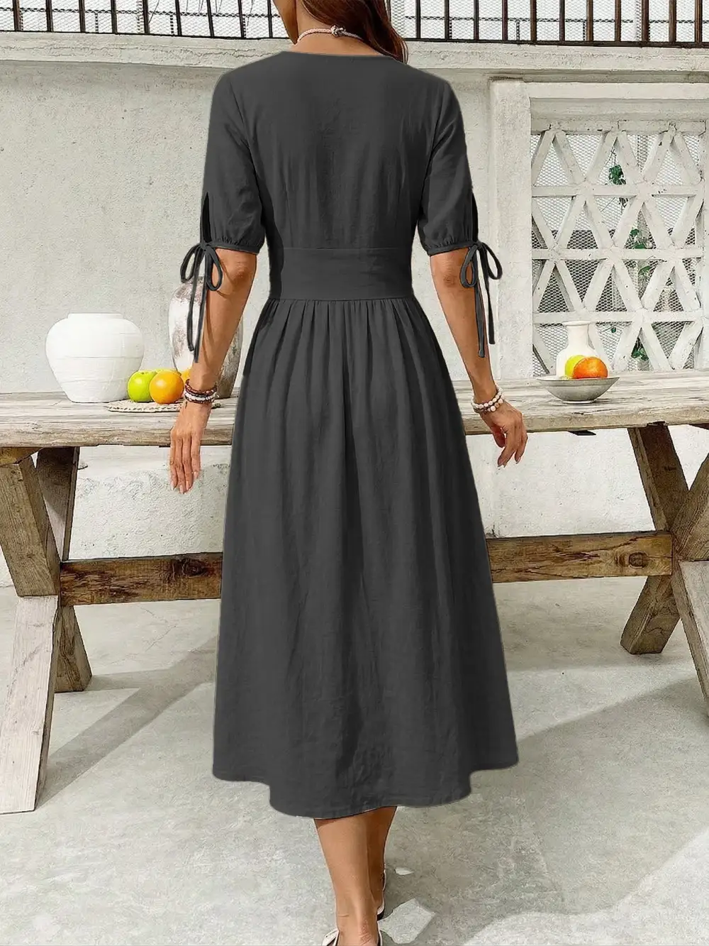 Button Front Short Sleeve Midi Dress