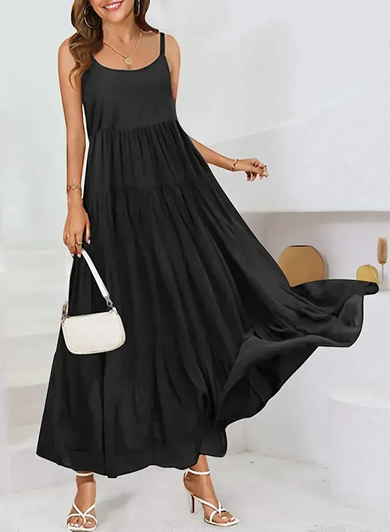 Summer Dresses for Women Casual Loose Bohemian Floral Dress with Pockets Spaghetti Strap Maxi Dress E75
