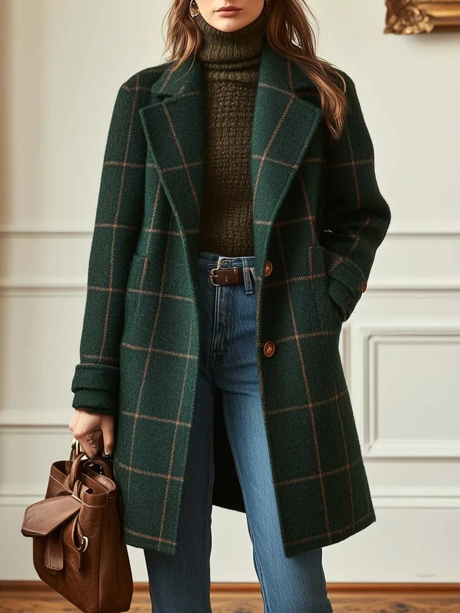 Checked Wool Blend Single Breasted Coat