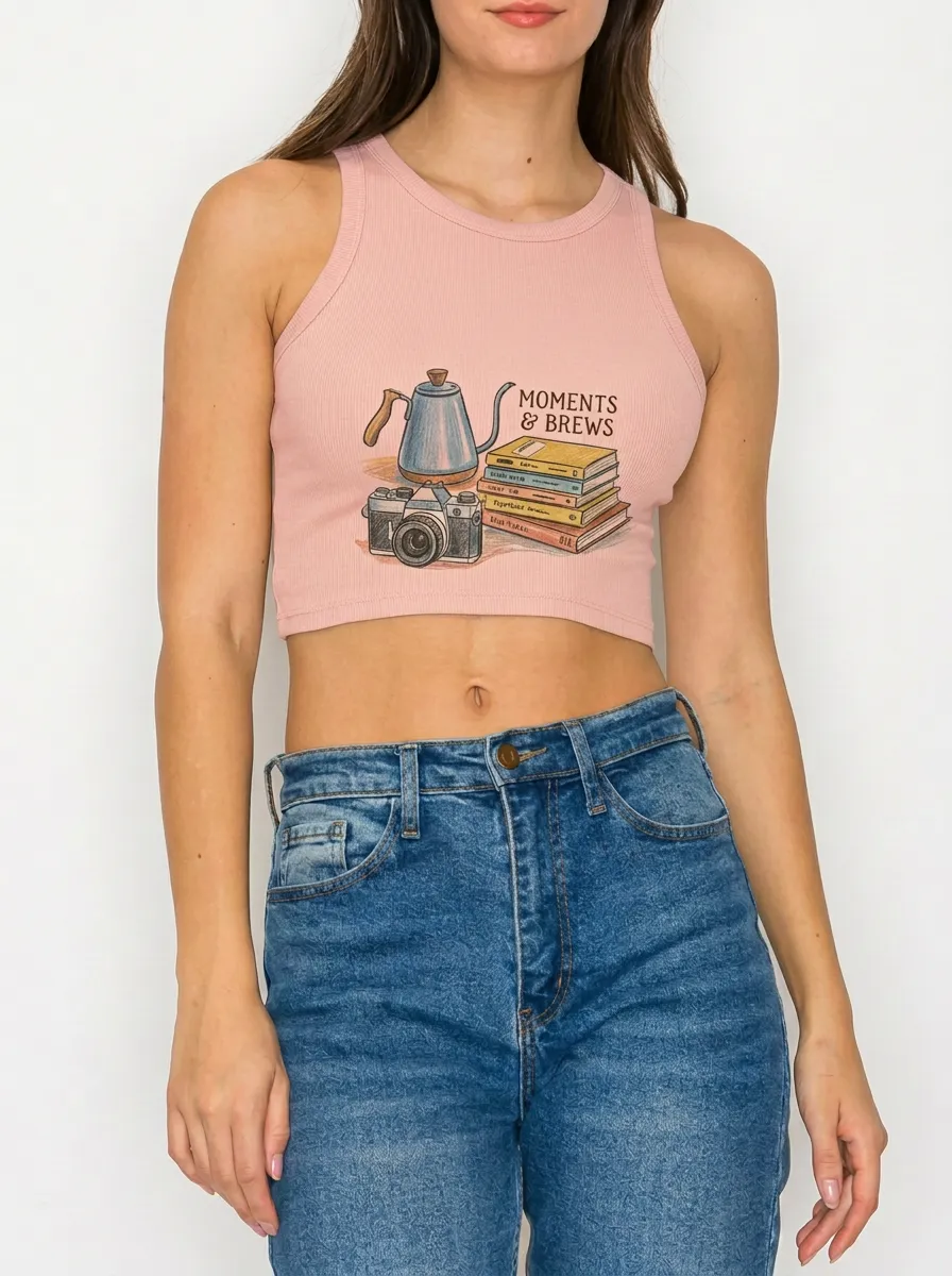 Women's Coffee Book Camera Lover Moments & Brews Graphic Ribbed Crop Tank Top