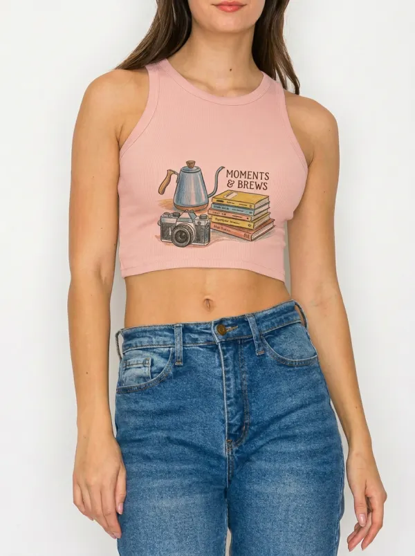 Women's Coffee Book Camera Lover Moments & Brews Graphic Ribbed Crop Tank Top
