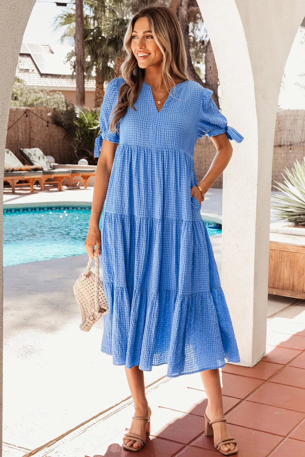 Blue Gingham Bow Tie Midi Dress