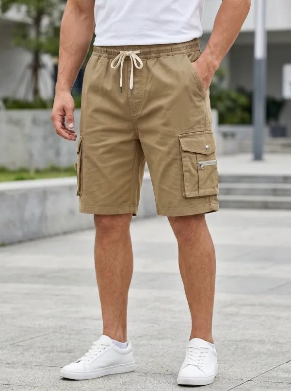 Sport-Inspired Pocketed Drawstring Utility Cargo Shorts