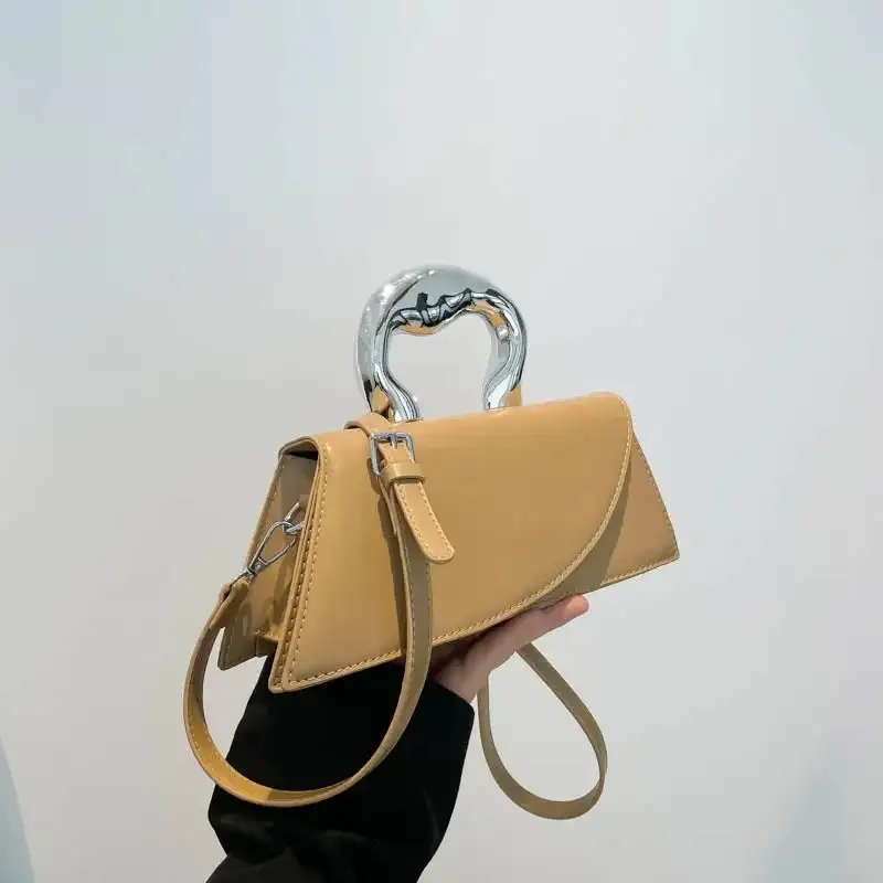 Chic Asymmetric Beige Shoulder Bag With Silver Handle