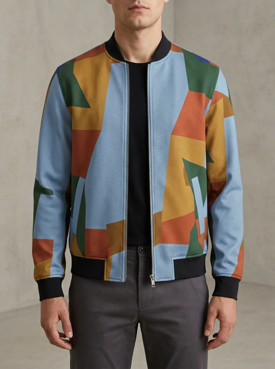 Geometric Print Ribbed Trim Metal Zip Bomber Jacket