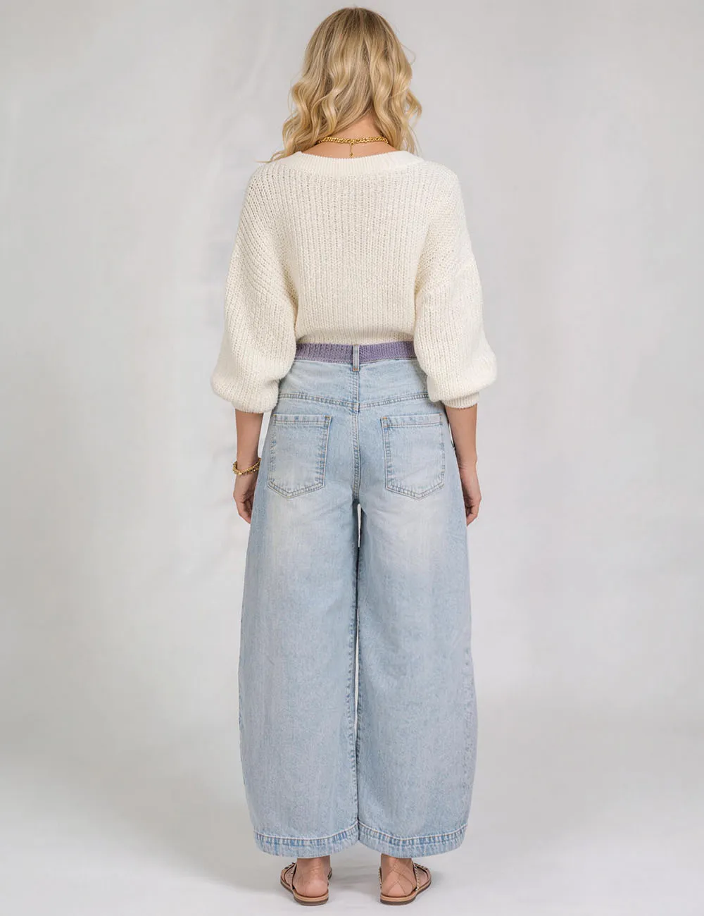 Color Block Drawstring Waist Barrel Leg Denim Pants