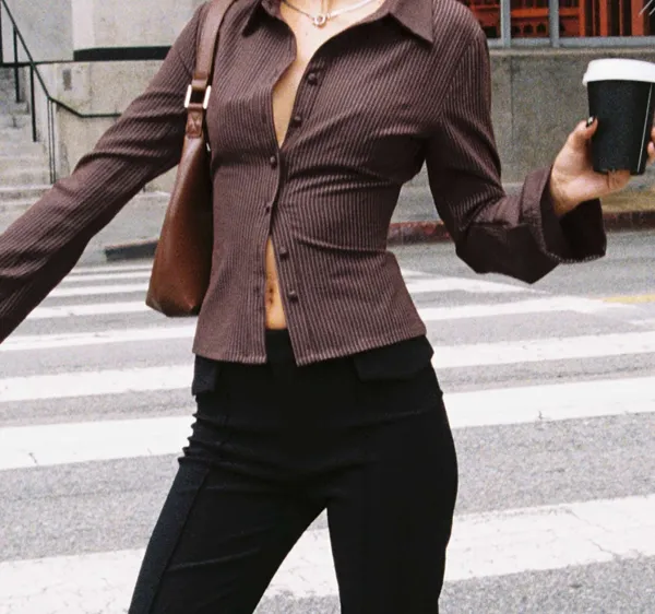 Brown Pinstripe Long Sleeve Shirt