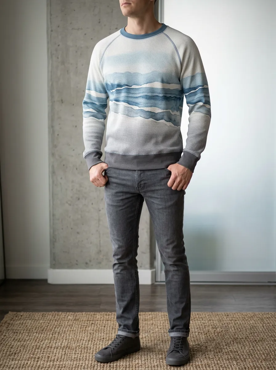 Men's Blue Watercolor Landscape Printed Waffle Knit Sweatshirt