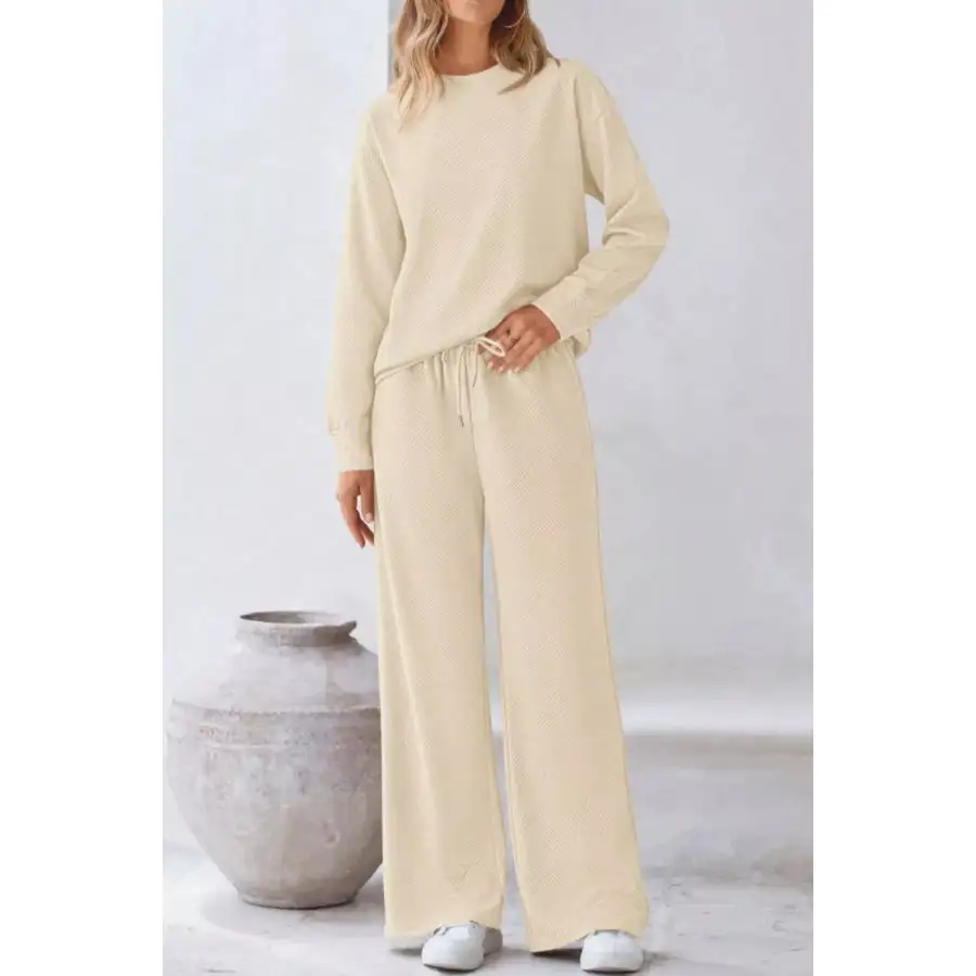 Soft Round Neck Long Sleeve Top and Pants Set