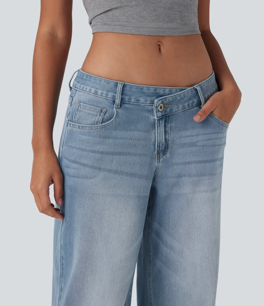 Asymmetric Low Rise Zipper Pockets Baggy Wide Leg Washed Casual Jeans