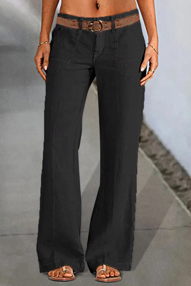 Solid Slant Pocket Low Waist Flare Pants Without Belt