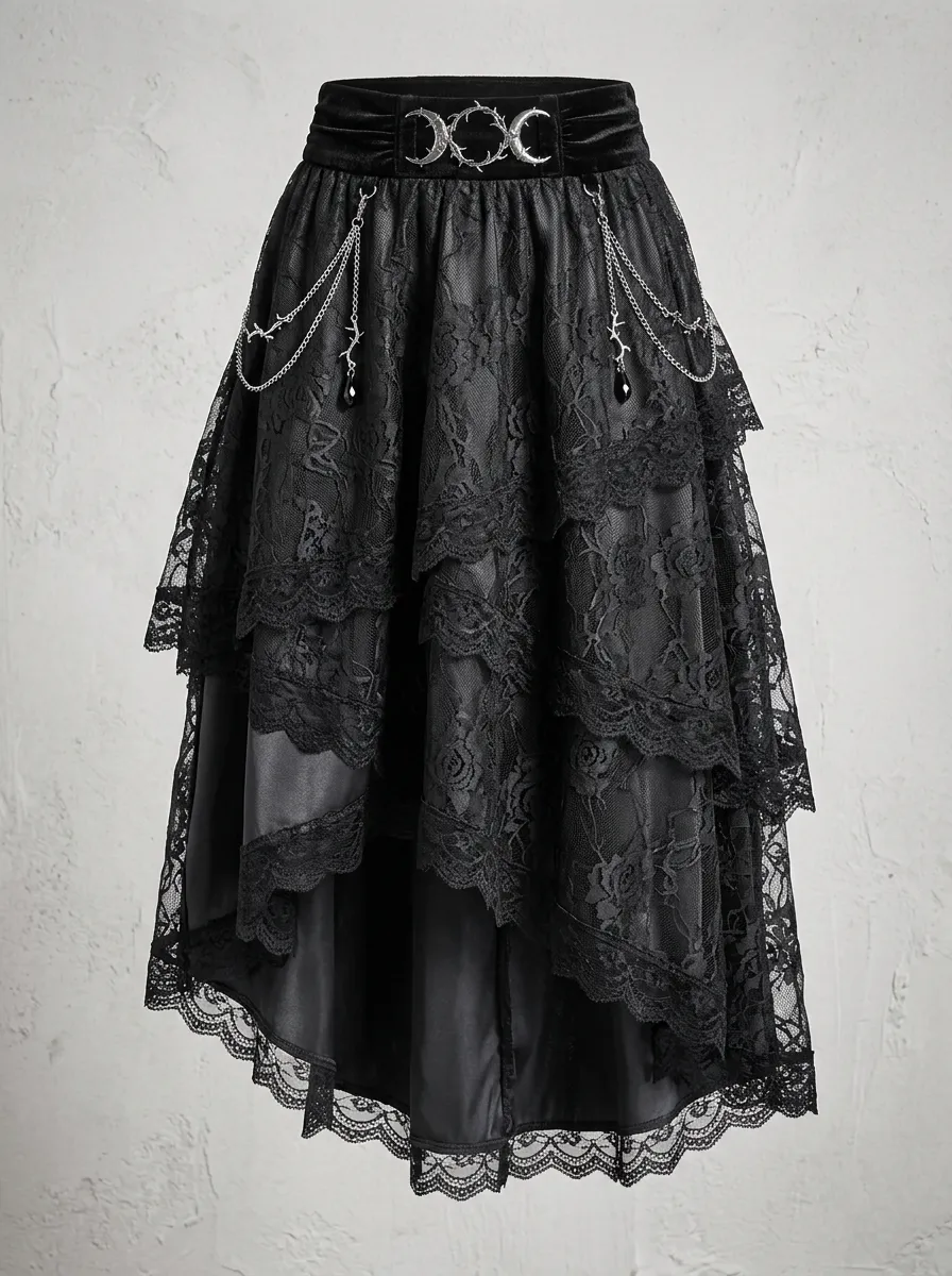 Noir Moon Lace Chain Alternative Look Women's Gothic High-Low Skirt