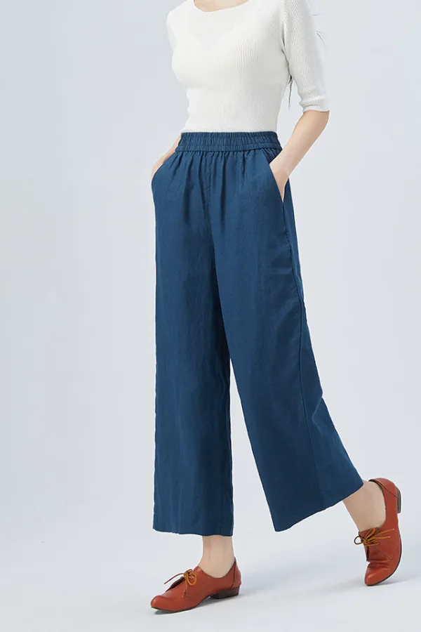 Linen Wide Leg Straight Leg High Waist Pocketed Trousers