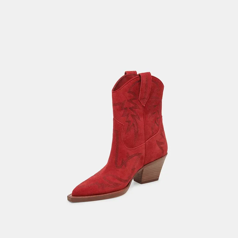 Faux-Suede Embroidered Pull-On Pointed-Toe Western Boots
