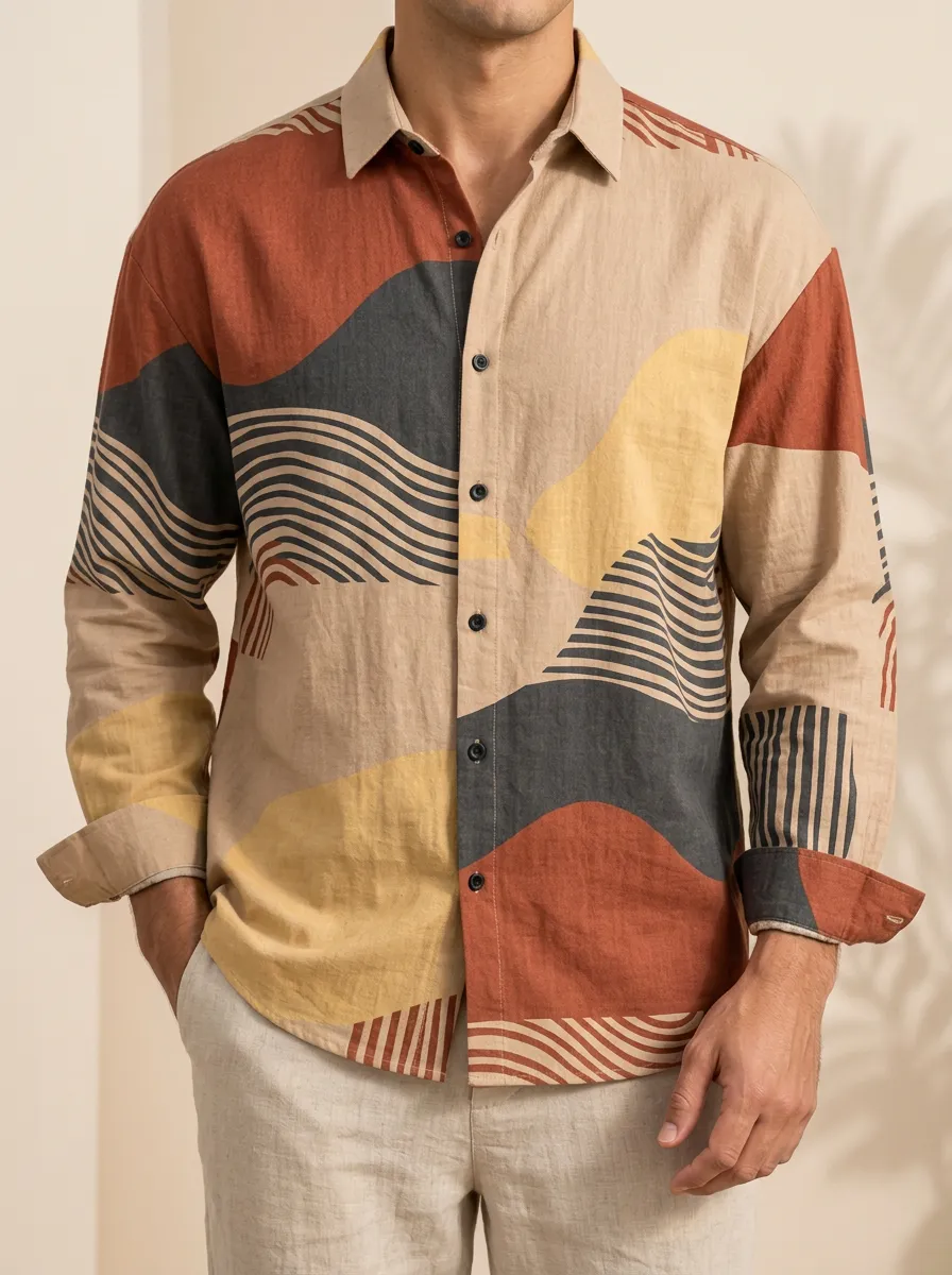 Men's Casual Long Sleeve Shirt with Abstract Print