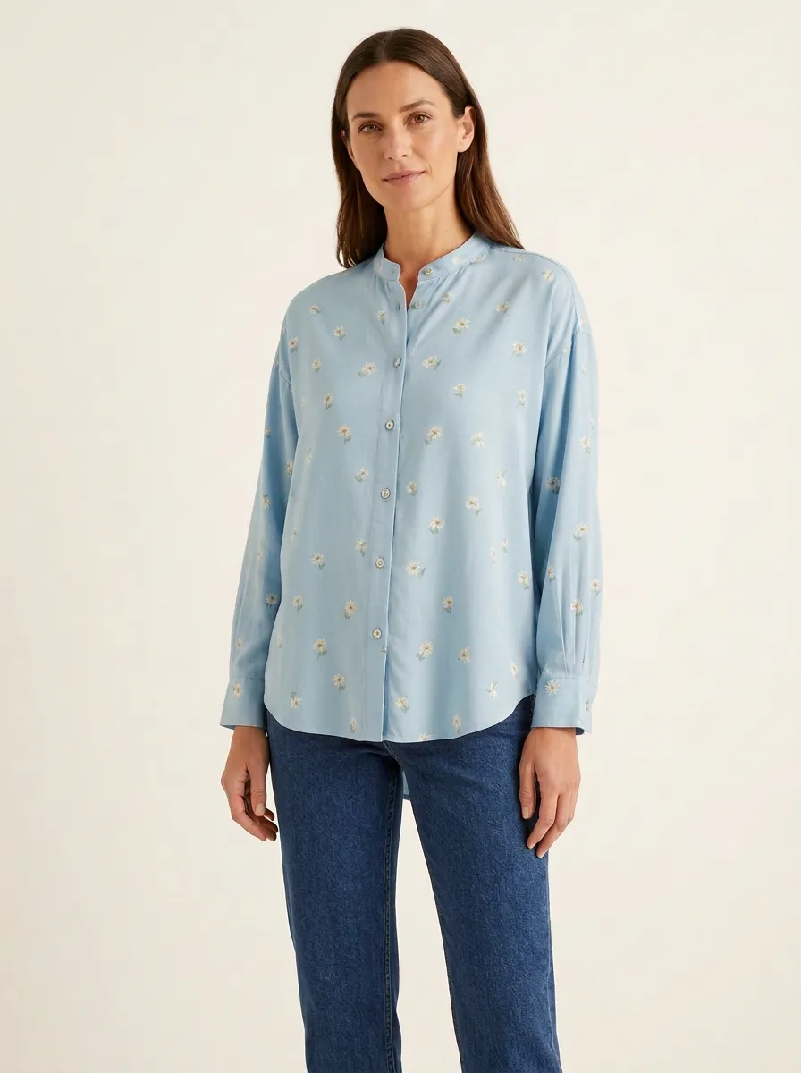 Women's Small-Floral Partial-Placket Mandarin Shirt