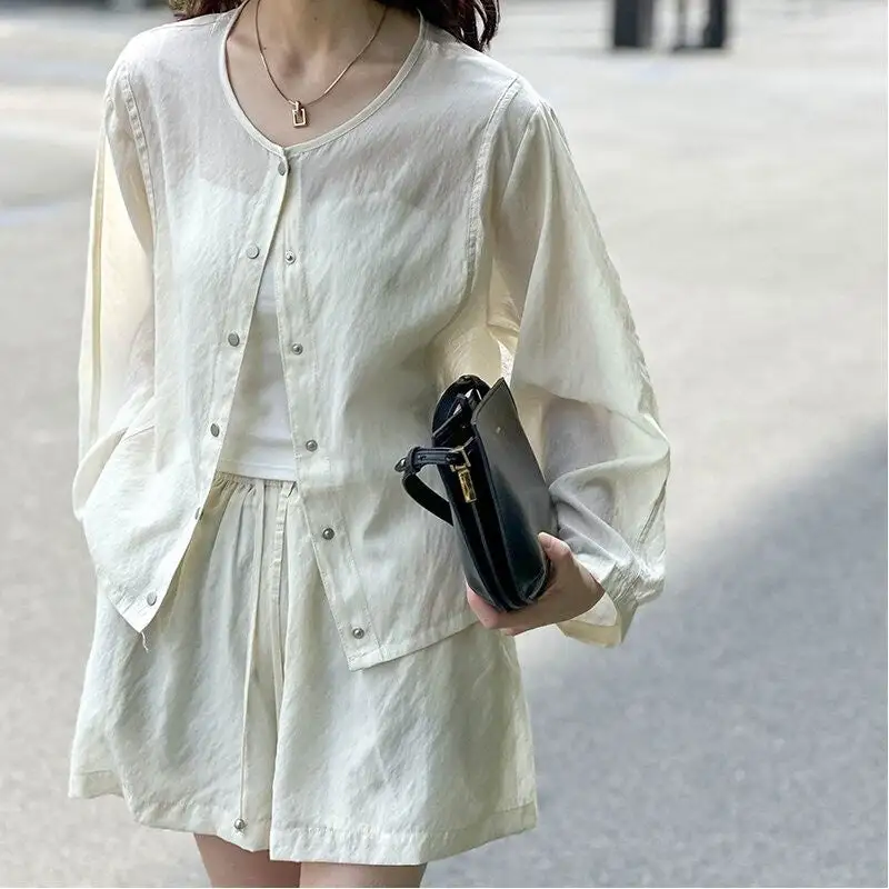 Flowing Round Neck Long Sleeve Shirt And High Waist Wide Leg Shorts Set