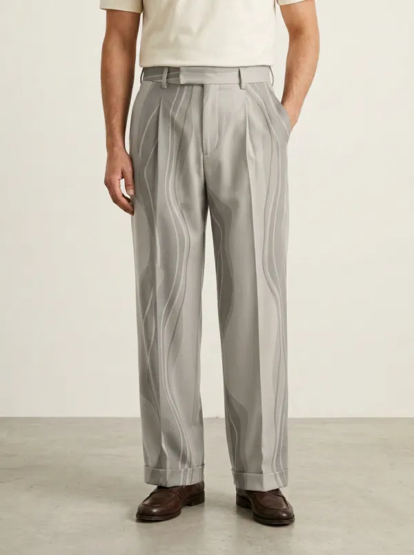 Men's Abstract Wave Pattern Printed Wide Leg Trousers Relaxed Design