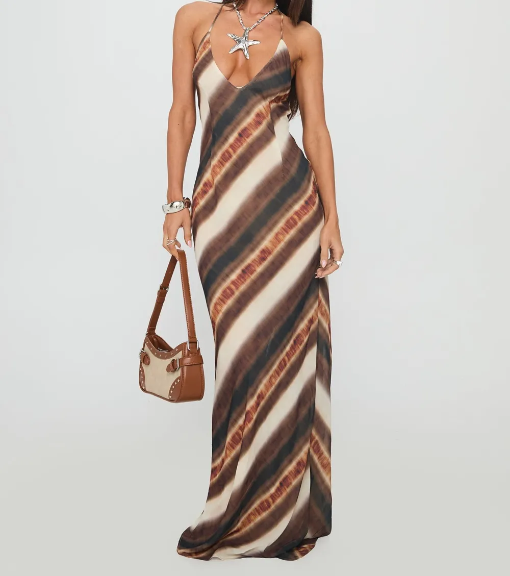 Brown Striped Halter Maxi Dress