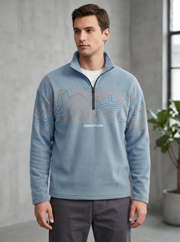 Casual Half-Zip Fleece Topographic Men's Half-Zip Sweatshirt