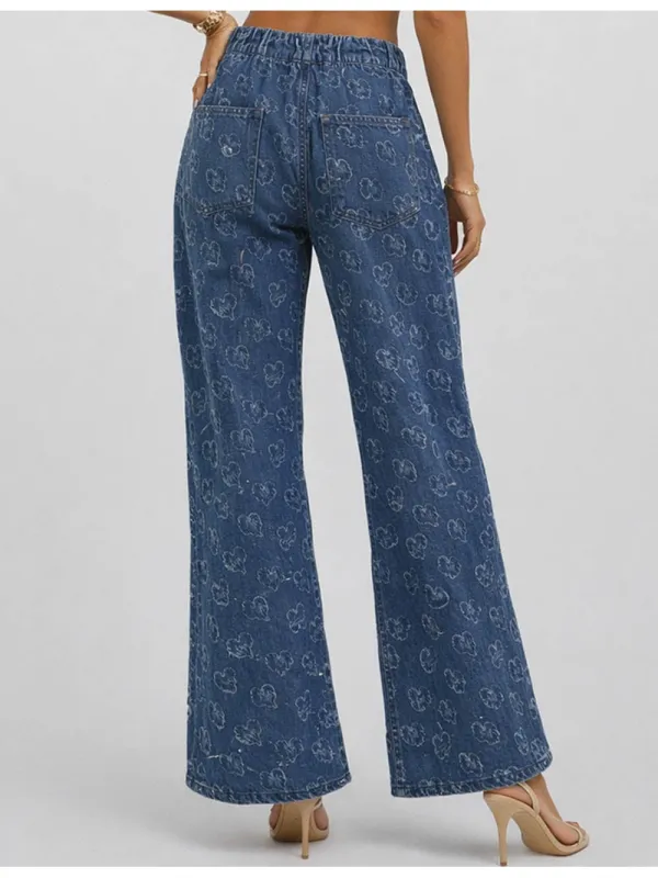 Valentine Heart Jacquard Button Wide Leg Denim Pants